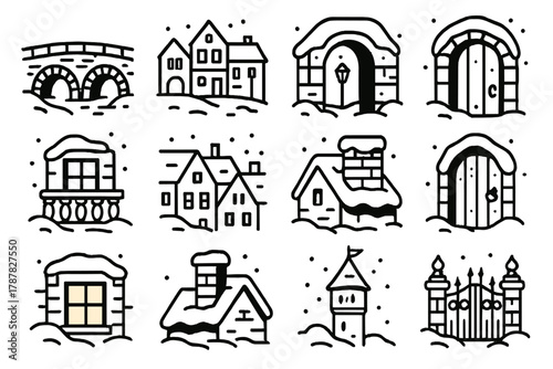 Winter Architectural Icons. Winter Architecture outline icon set: stone bridge, town square, archway, balcony, rooftops, wooden door, frosted window, brick chimney, snow drift,