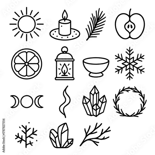 Seasonal Symbols Collection. Seasonal Reflection Set outline icon set: solstice sun, candle circle, pine sprig, apple slice, dried orange, lantern glow, ritual bowl, snow crystal,