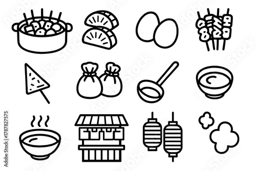 Oden Winter Delights. Oden Street Food outline icon set: deep pot with skewers, daikon radish slices, boiled eggs, fish cakes, konjac triangles, tofu pouches, wooden ladle, mustard