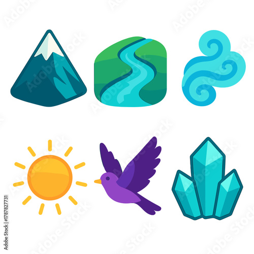 Surreal Nature Icons. Surreal Nature Scene modern flat icon set: mountain peak, glowing river, mist swirl, sun, bird, crystal.