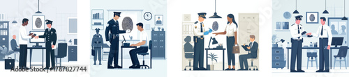 A police officer taking fingerprints in a police station, flat design, simple and minimalistic style, white background