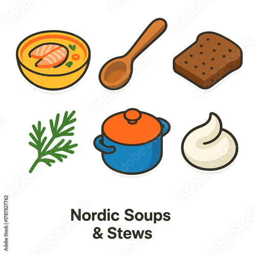 Nordic Cuisine Icons. Nordic Soups & Stews modern flat icon set: fish soup bowl, wooden spoon, rye bread slice, dill sprig, pot, cream swirl.