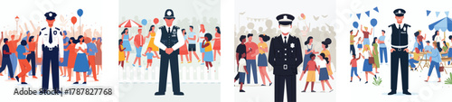 A police officer standing guard at a public event, flat design, simple and minimalistic style, white background