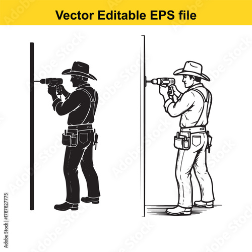 Construction worker in cowboy hat drilling a hole in the wall