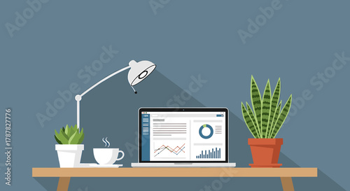 A modern workspace featuring a laptop displaying data, coffee, and plants.