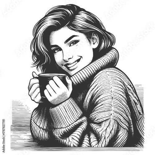 woman sipping coffee from a cup, drawn in a classic engraving style with fine linework sketch engraving generative ai fictional character vector illustration. Scratch board. Black and white image.