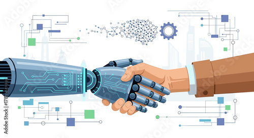 A human hand shakes hands with a robotic arm, symbolizing collaboration and technology integration.