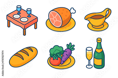 Festive Dinner Icons. Festive Dinner modern flat icon set: dining table, roast ham, gravy boat, bread loaf, vegetables, champagne bottle.