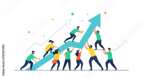 Group of people pushing an upward arrow, symbolizing growth and teamwork.