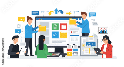 Team collaborating on a website design, moving files and discussing ideas around a large computer screen.