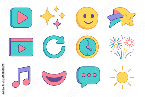 Vibrant Isometric Icons. Animated E-Cards modern flat icon set: play button, sparkle burst, emoji, shooting star, video frame, loop arrow, clock, fireworks, music note, smile,