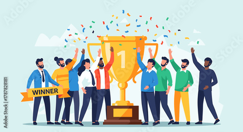 A group of diverse people celebrating a victory with a golden trophy and confetti falling.