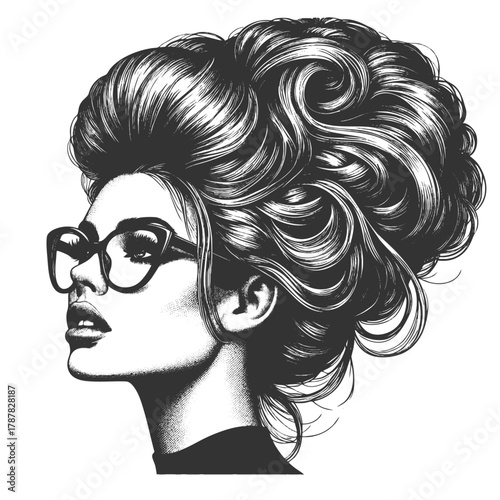 fashionable woman with retro hairstyle, bold glasses, confident expression on white background sketch engraving generative ai fictional character vector illustration. Scratch board. Black and white.