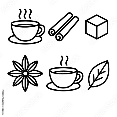 Spice Tea Icons. Cozy Spice Infusion outline icon set: tea cup, cinnamon sticks, sugar cube, star anise, saucer, leaf.