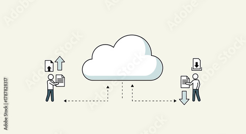 Illustration of two figures uploading and downloading files to a cloud server.