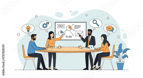 Business meeting illustration, with four people brainstorming around a table and a whiteboard with ideas and plans.