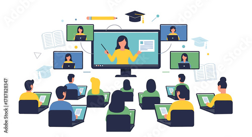 A teacher leading a virtual classroom session with students using laptops.