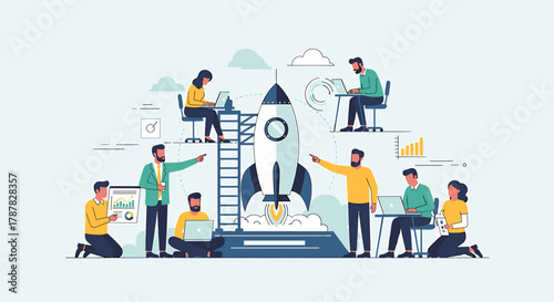 Team working on a rocket launch, using laptops and charts, with a ladder and cloud background.