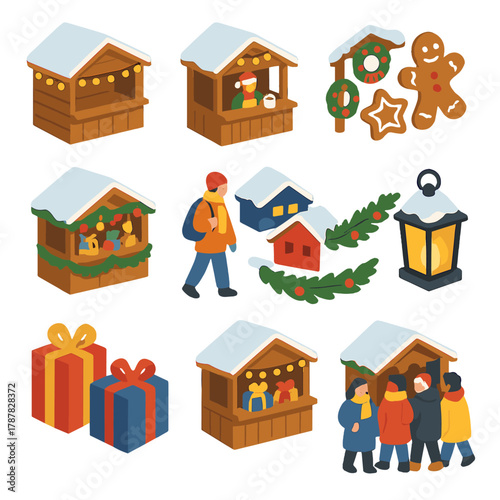 Festive Winter Market Icons. Winter Market modern flat icon set: wooden stalls, string lights, hot cocoa stand, handmade crafts, festive wreaths, gingerbread cookies, snow-covered
