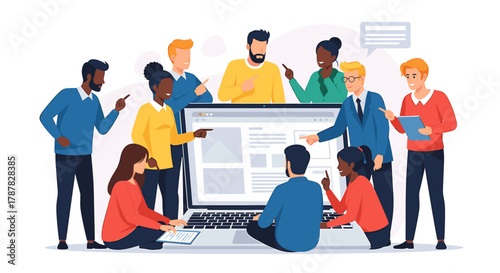 Diverse group of people gathered around a large laptop, pointing and discussing the screen content.