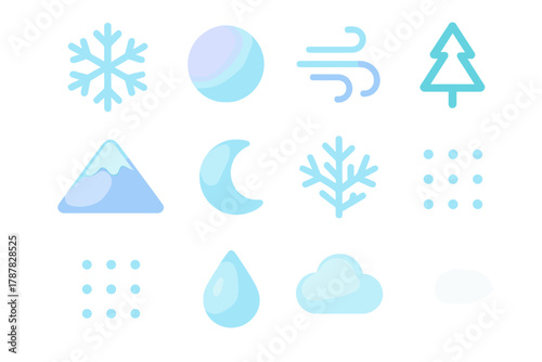 Enchanted Snow Icons. Minimal enchanted snow icons modern flat icon set: single snowflake, soft gradient orb, curved wind lines, tree outline, mountain under snow, cold moon,