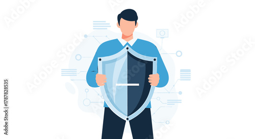 Man in blue shirt holding a protective shield with digital network background, representing security.