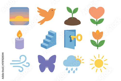 Hopeful Renewal Icons. Hopeful renewal icons modern flat icon set: dawn sky gradient, bird taking flight, seedling in soil, heart blooming, candle flame, staircase upward, key