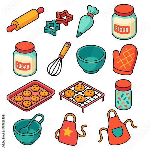 Holiday Baking Icons. Holiday Baking modern flat icon set: rolling pin, cookie cutters, icing bag, flour jar, sugar bowl, whisk, mixing bowl, oven mitts, tray of cookies, cooling