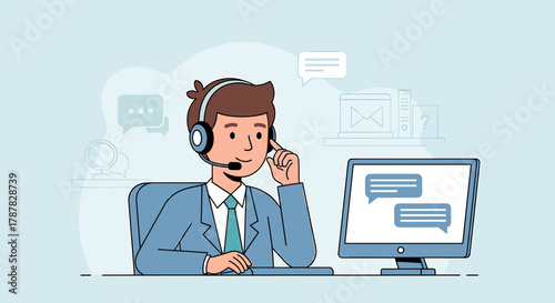 A man wearing a headset sits at a desk with a computer, possibly providing customer service or technical support.