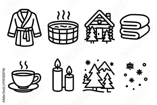 Alpine Spa Serenity. Relaxing Alpine Retreat outline icon set: spa robe, steaming jacuzzi, pine forest view, cup of tea, fluffy towels, log cabin, candles, soft snowflakes.