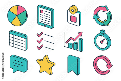 Vibrant Isometric Icons. Modern seasonal layout icons modern flat icon set: quarterly goal pie chart, digital planner tablet, stylized date marker, rotating seasons arrow, weekly