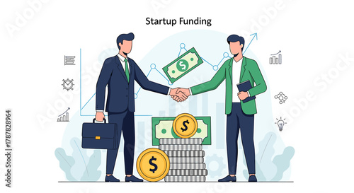 Two businessmen shaking hands over funding, with money and a startup funding chart in the background.