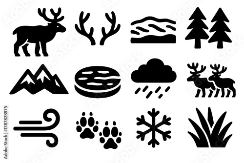 Arctic Reindeer Icons. Arctic Reindeer bold vector icon set: reindeer, antlers, snow-covered ground, pine trees, mountain ridge, frozen lake, cloudy sky, herd formation, wind gust,