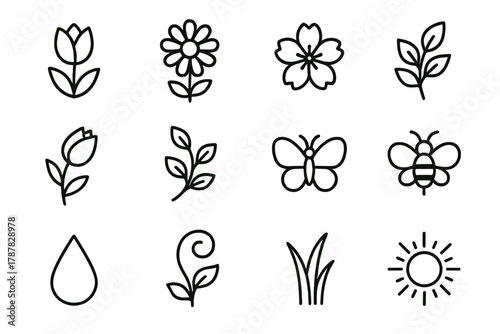Spring Icon Set. Spring Blooms outline icon set: tulip, daisy, cherry blossom, leaf sprig, bud, vine, butterfly, bee, raindrop, petal swirl, grass blade, sunlight.