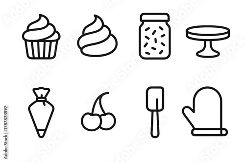 Bakery Icon Set. Bakery Display outline icon set: cupcake, frosting swirl, sprinkle jar, cake stand, piping bag, cherry, spatula, oven mitt.