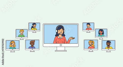 Online meeting illustration featuring a woman leading a virtual conference call with participants on computer screens.