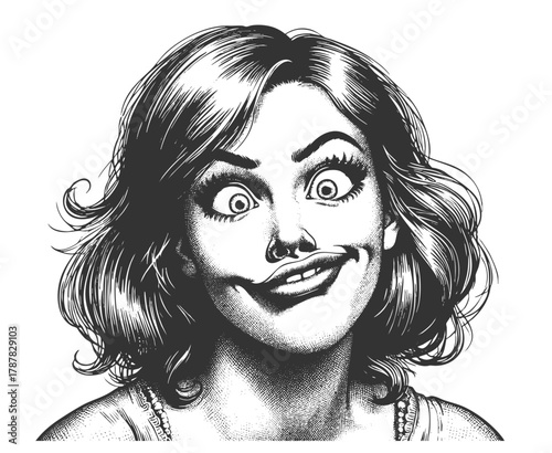 portrait of a curly-haired woman with a wide-eyed, exaggerated facial expression sketch engraving generative ai fictional character vector illustration. Scratch board imitation. Black and white image.
