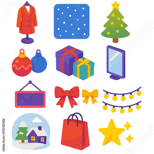 Festive Retail Icons. Retail Holiday Magic modern flat icon set: mannequin in coat, snow backdrop, glowing tree, ornaments, presents, reflection glass, signage, ribbons, lights,