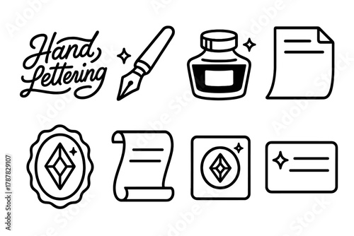 Artisan Icon Set. Artisan Design outline icon set: hand lettering, pen, ink bottle, paper, sparkle, emblem, scroll, card.