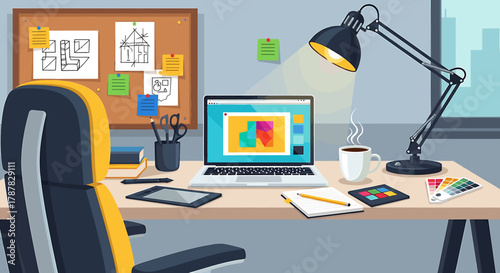 A graphic designer's desk with a laptop, tablet, coffee, and design tools in a bright, modern workspace.