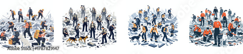 Rescue team with dogs searching for survivors among debris after a natural disaster, flat design, simple and minimalistic style, white background, clean vector illustration