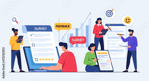 People taking a survey on laptops and tablets, with charts and feedback elements in the background.