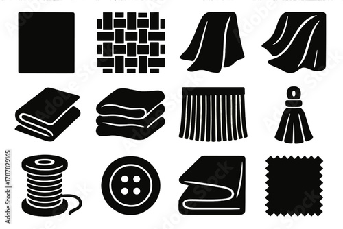 Textile Icon Set. Textile Variety bold vector icon set: linen cloth, wool weave, cotton fabric, silk drape, velvet fold, fleece layer, fringe, tassel, thread spool, button, folded