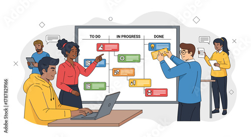 A diverse team collaborates on a project, using a Kanban board to track tasks and progress.