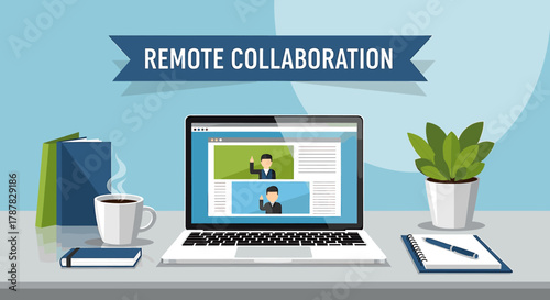 Laptop showing remote collaboration video call, with coffee, plant, notebook, and books on a desk.