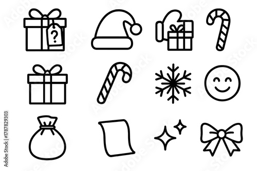Festive Gift Icons. Secret Santa Exchange outline icon set: mystery gift box, question mark tag, Santa hat, mitten handoff, wrapped present, candy cane, snowflake, smiling face,
