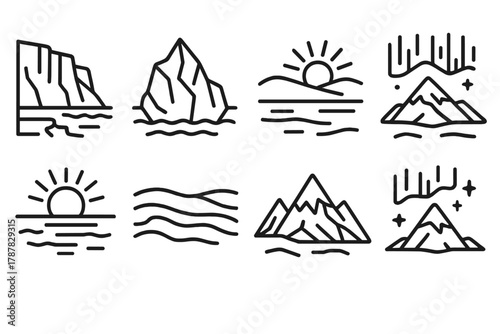 Frozen Arctic Icons. Frozen Landscape Scene outline icon set: glacier cliffs, iceberg, snowfield, aurora lights, frozen sea, polar sun, icy ridge, distant mountain.