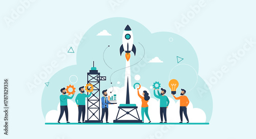 Team launching a rocket, symbolizing startup success and innovation, with gears, lightbulb, and platform.