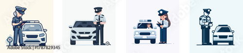 A police officer writing a ticket beside a car, flat design, simple and minimalistic style, white background