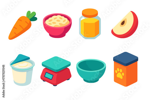 Pet Recipe Ingredients. Healthy Pet Recipes modern flat icon set: carrot, oatmeal, honey jar, apple slice, yogurt cup, food scale, mixing bowl, treat tin.